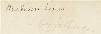 MADISON, JAMES. Autograph Document Signed, in the third person within the text (Js. Madison), balance sheet, with Jeffersons hologra